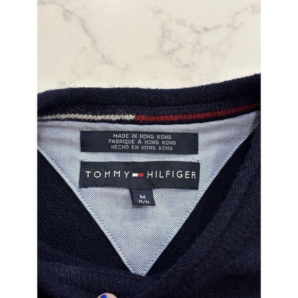 Tommy Hilfiger Logo Stripe Crewneck Sweater 100% Lambswool Wool Navy Size Medium - Picture 3 of 7